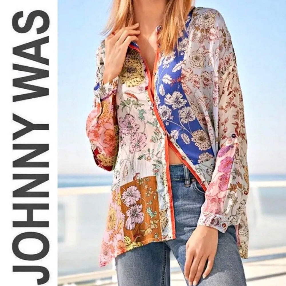 Johnny Was Cosmo Nana rayon Printed button up long sleeve shirt oversized